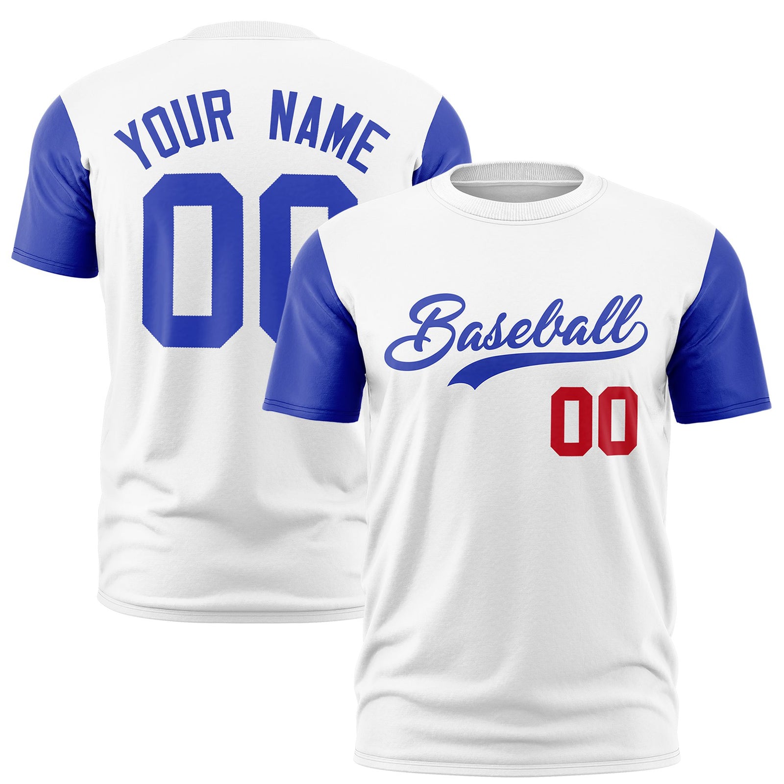 Custom White Royal Blue Red Crew Neck Personalized Raglan Sleeve Performance T-shirt