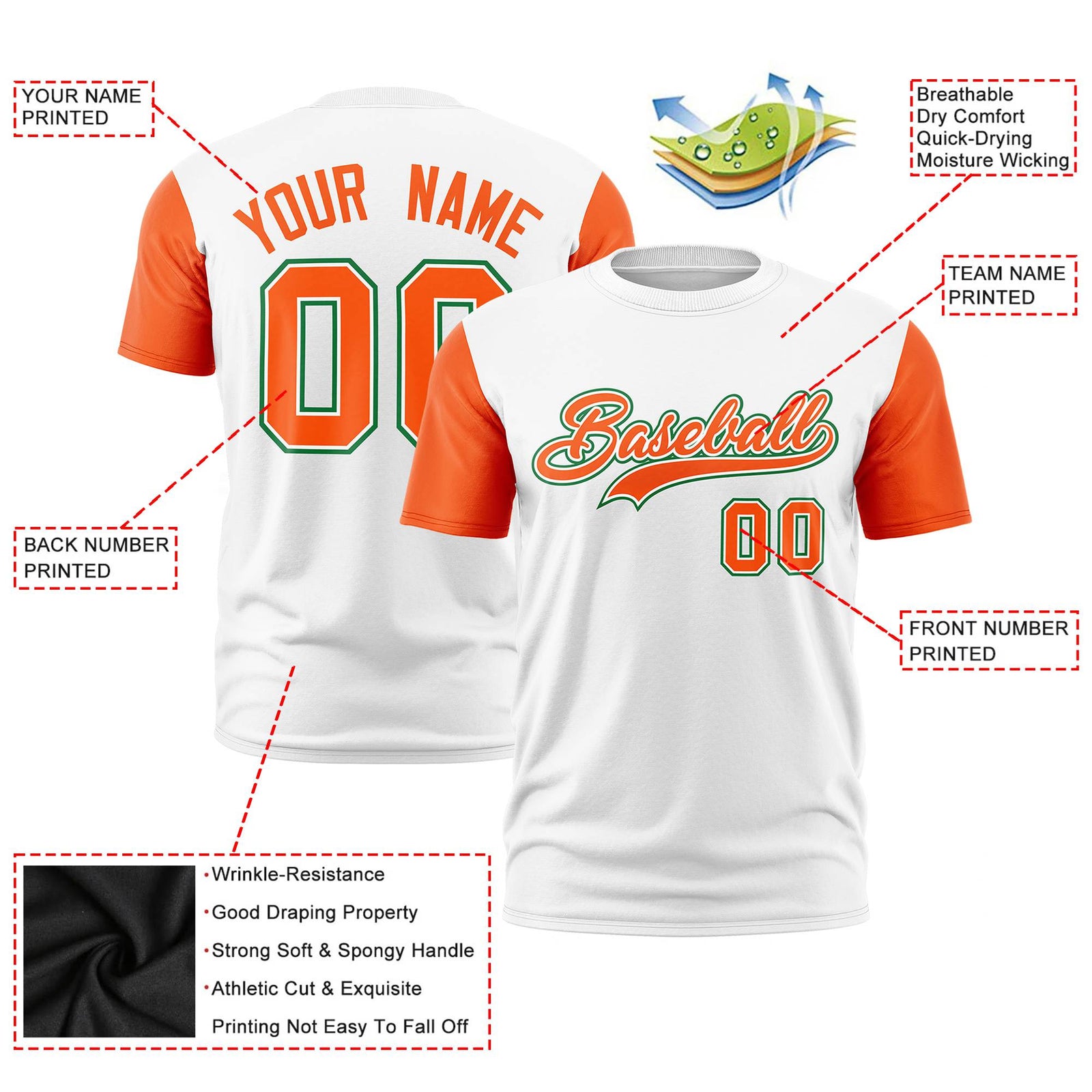 Custom White Orange Bright Green Crew Neck Personalized Raglan Sleeve Performance T-shirt