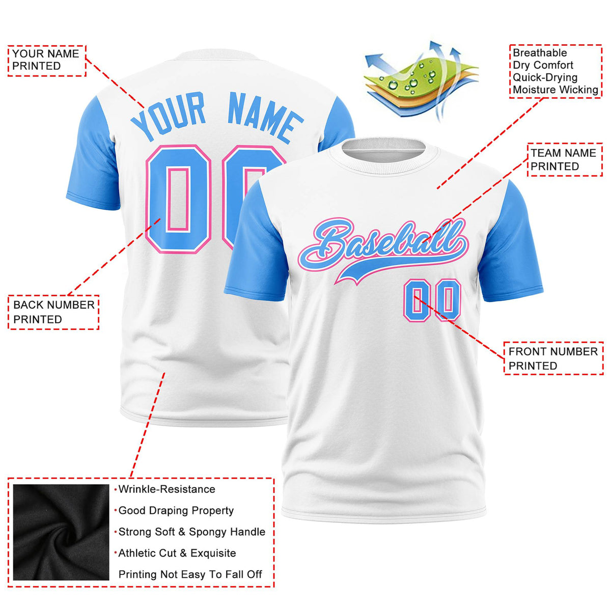 Custom White Powder Blue Pink Crew Neck Personalized Raglan Sleeve Performance T-shirt