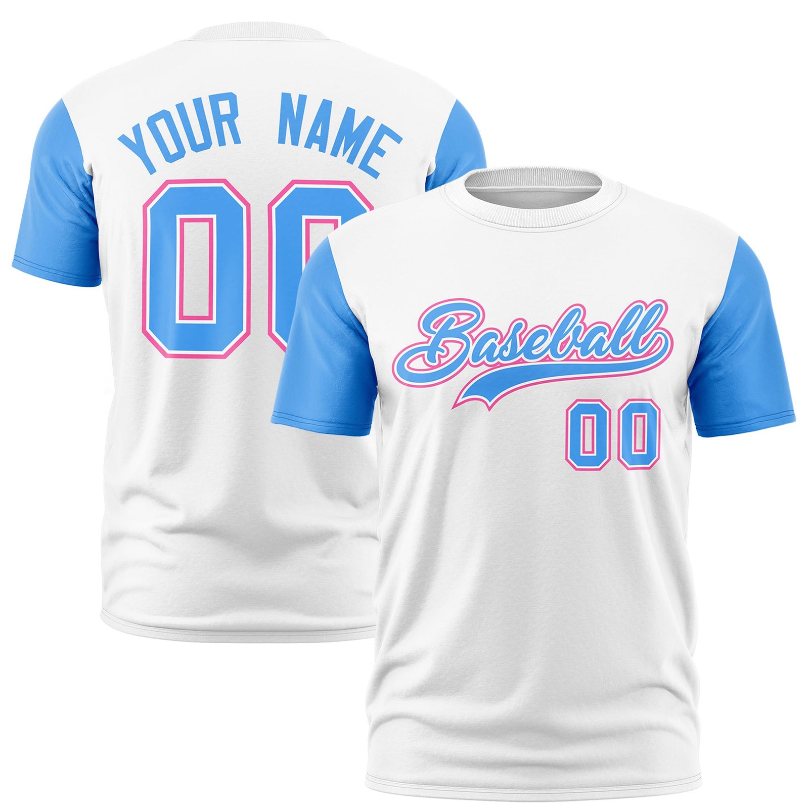 Custom White Powder Blue Pink Crew Neck Personalized Raglan Sleeve Performance T-shirt