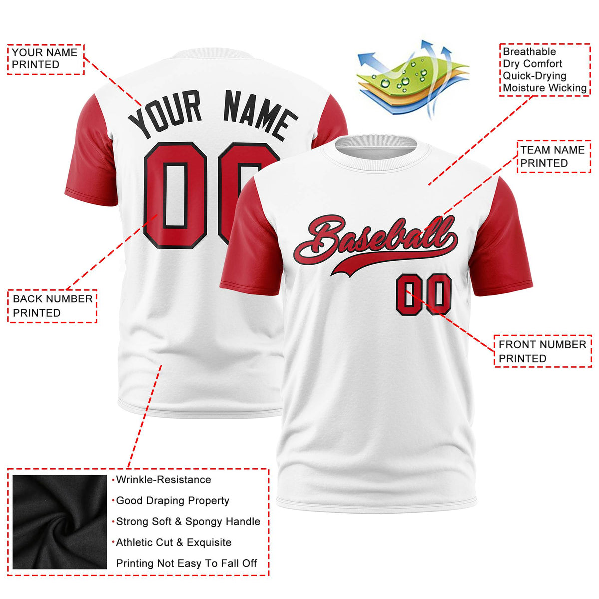 Custom White Red Black Crew Neck Personalized Raglan Sleeve Performance T-shirt