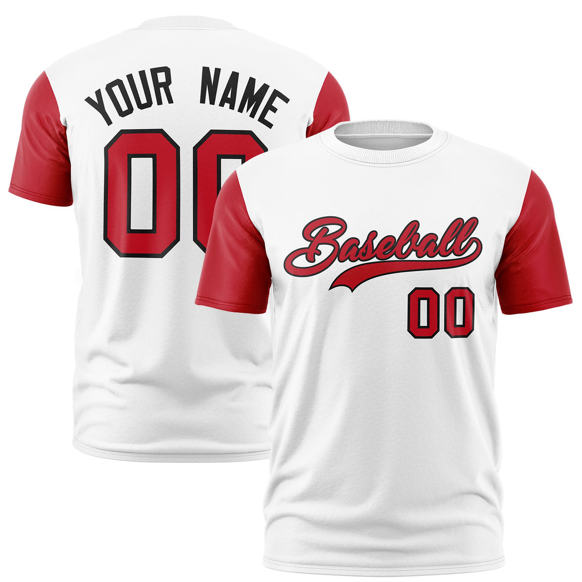 Custom White Red Black Crew Neck Personalized Raglan Sleeve Performance T-shirt