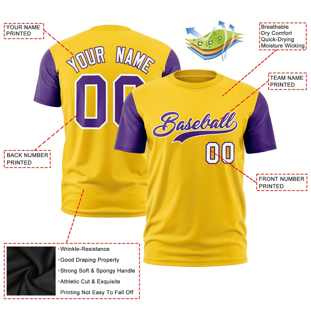 Custom Yellow Purple White Crew Neck Personalized Raglan Sleeve Performance T-shirt