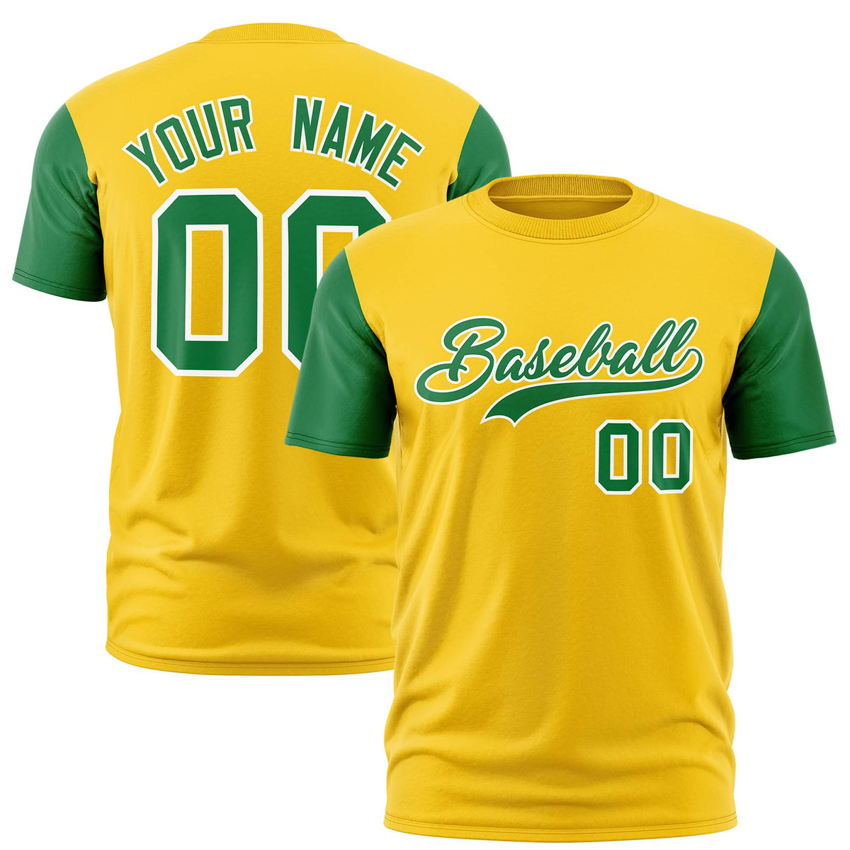 Custom Yellow Kelly Green White Crew Neck Personalized Raglan Sleeve Performance T-shirt