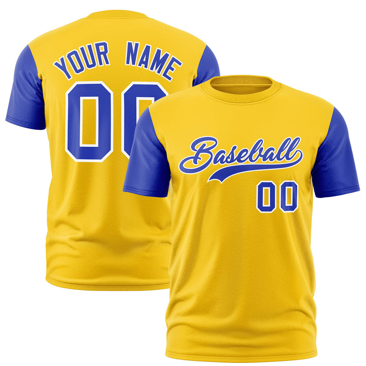 Custom Yellow Royal Blue White Crew Neck Personalized Raglan Sleeve Performance T-shirt