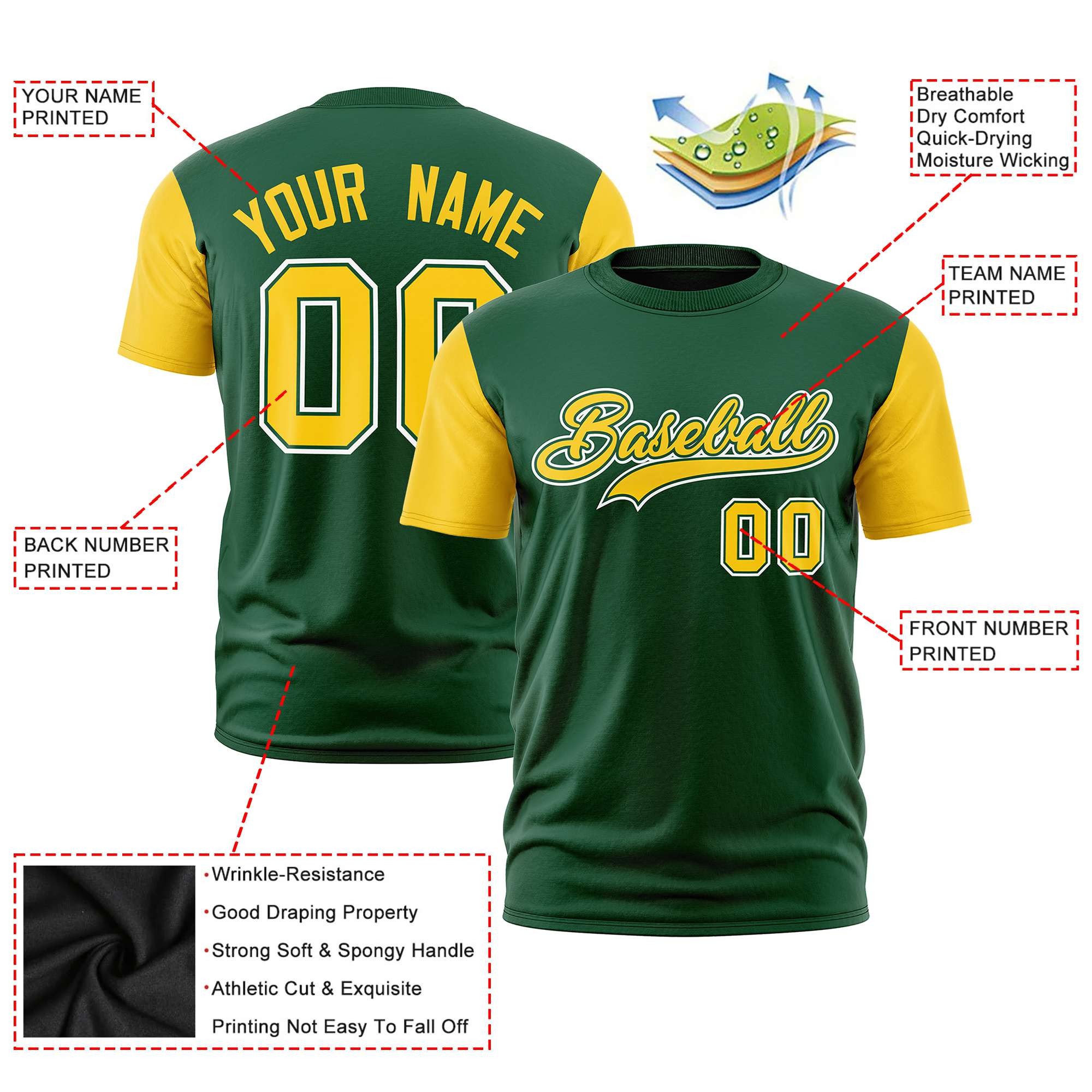 Custom Green Yellow White Crew Neck Personalized Raglan Sleeve Performance T-shirt