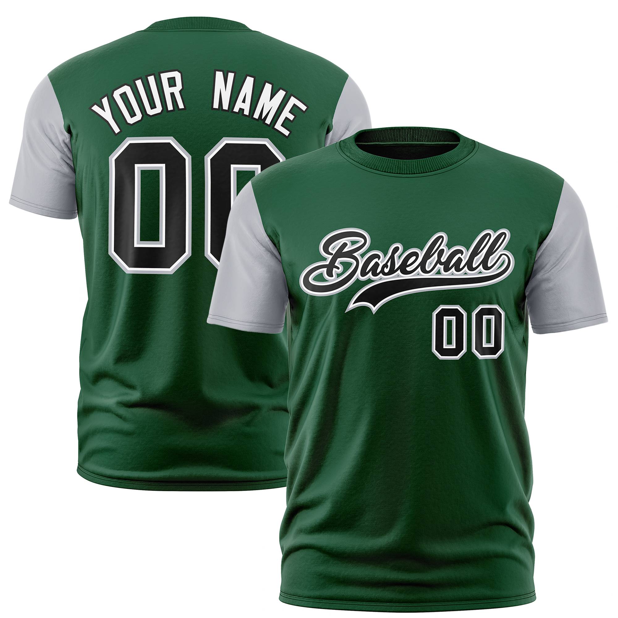 Custom Green Gray White Crew Neck Personalized Raglan Sleeve Performance T-shirt