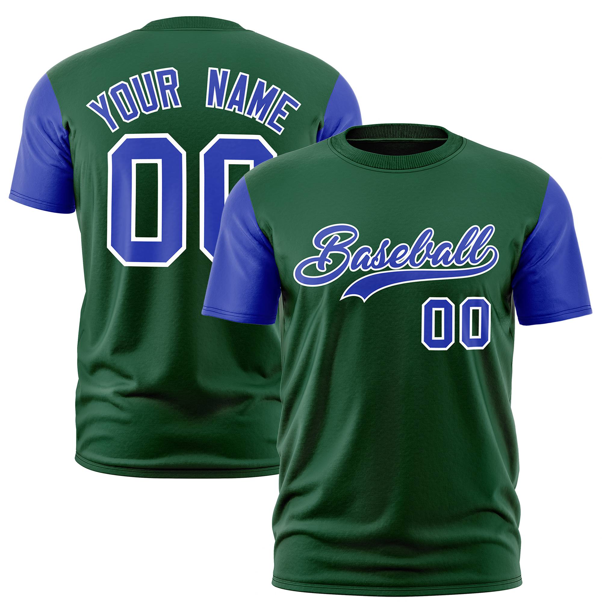 Custom Green Royal Blue White Crew Neck Personalized Raglan Sleeve Performance T-shirt