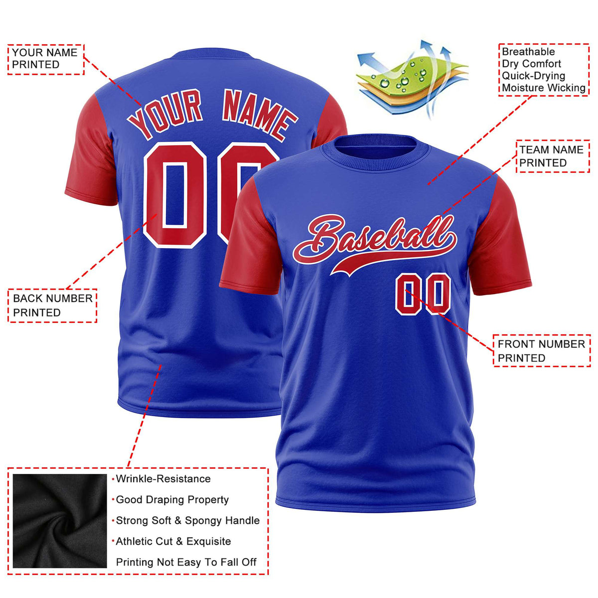 Custom Royal Blue Red White Crew Neck Personalized Raglan Sleeve Performance T-shirt