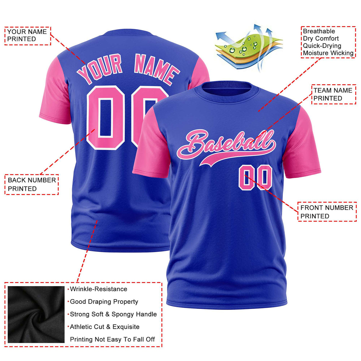 Custom Royal Blue Pink White Crew Neck Personalized Raglan Sleeve Performance T-shirt