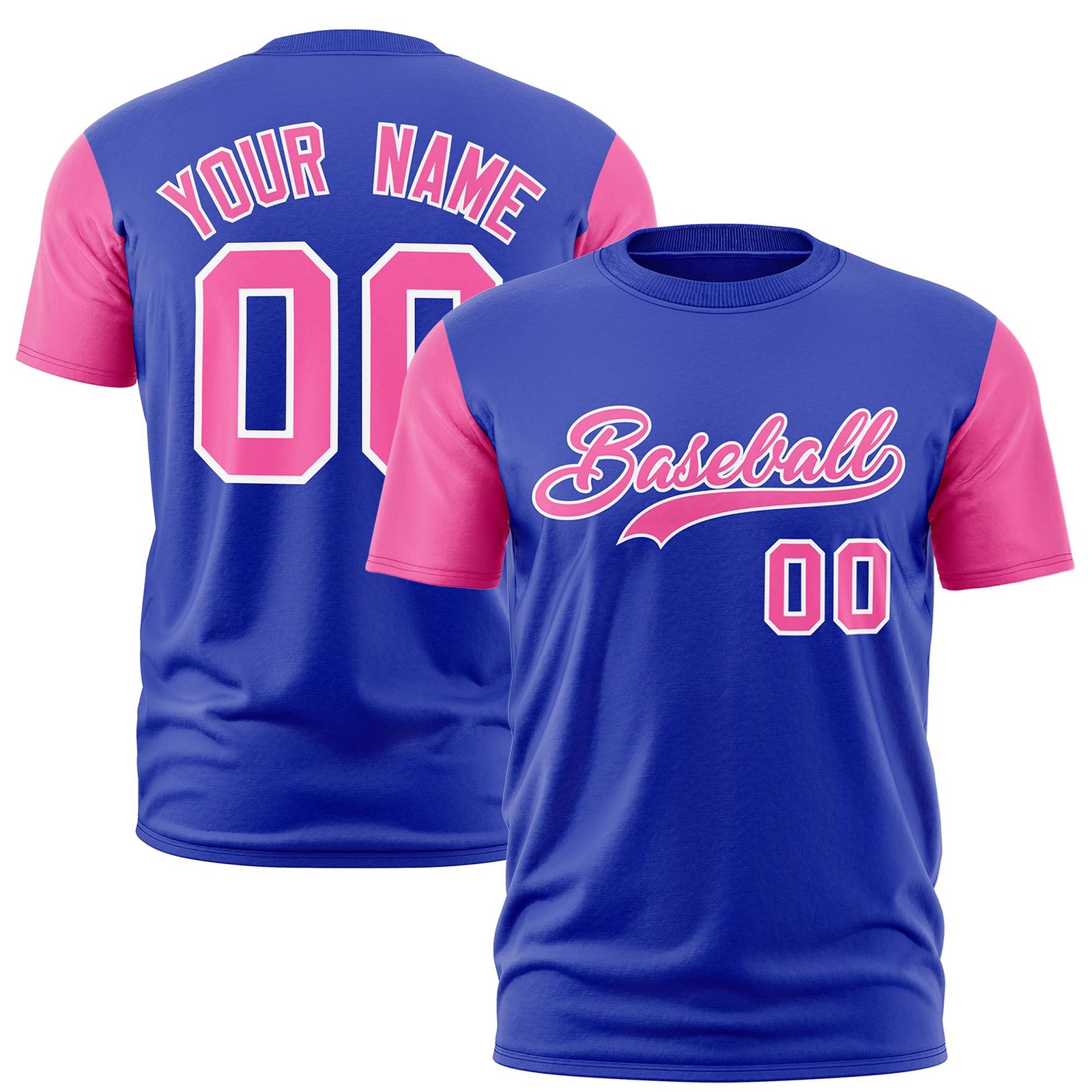 Custom Royal Blue Pink White Crew Neck Personalized Raglan Sleeve Performance T-shirt