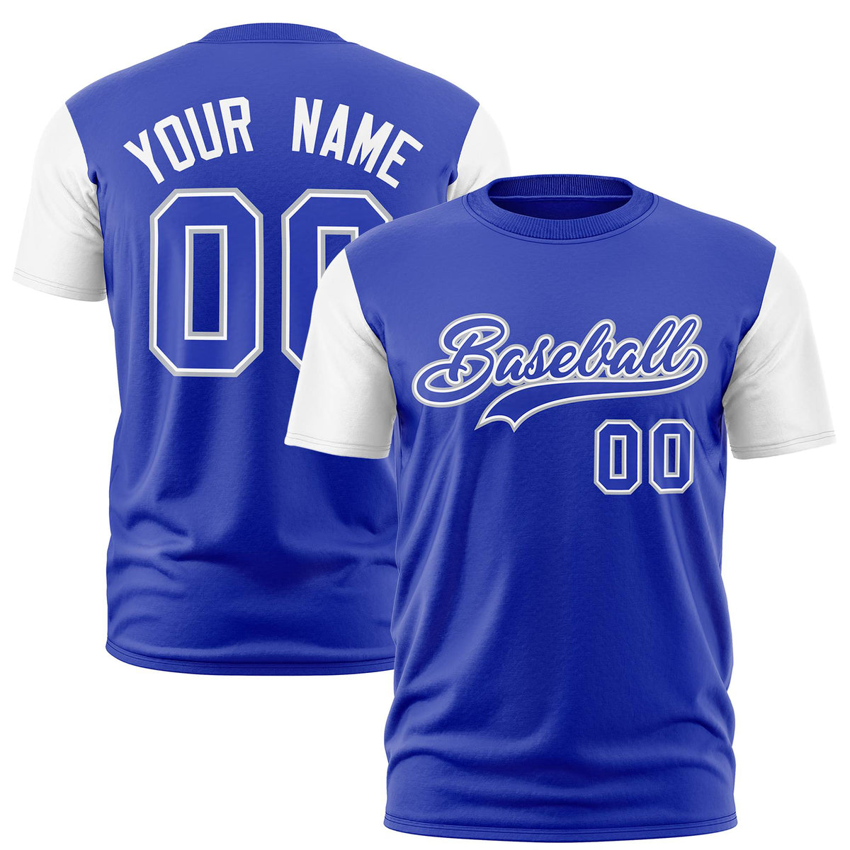 Custom Royal Blue White Crew Neck Personalized Raglan Sleeve Performance T-shirt