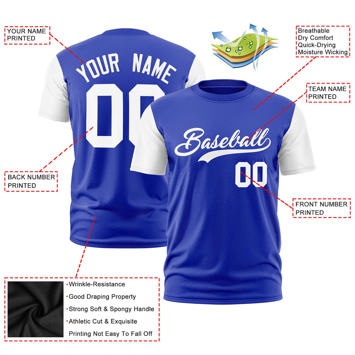 Custom Royal Blue White Crew Neck Personalized Raglan Sleeve Performance T-shirt