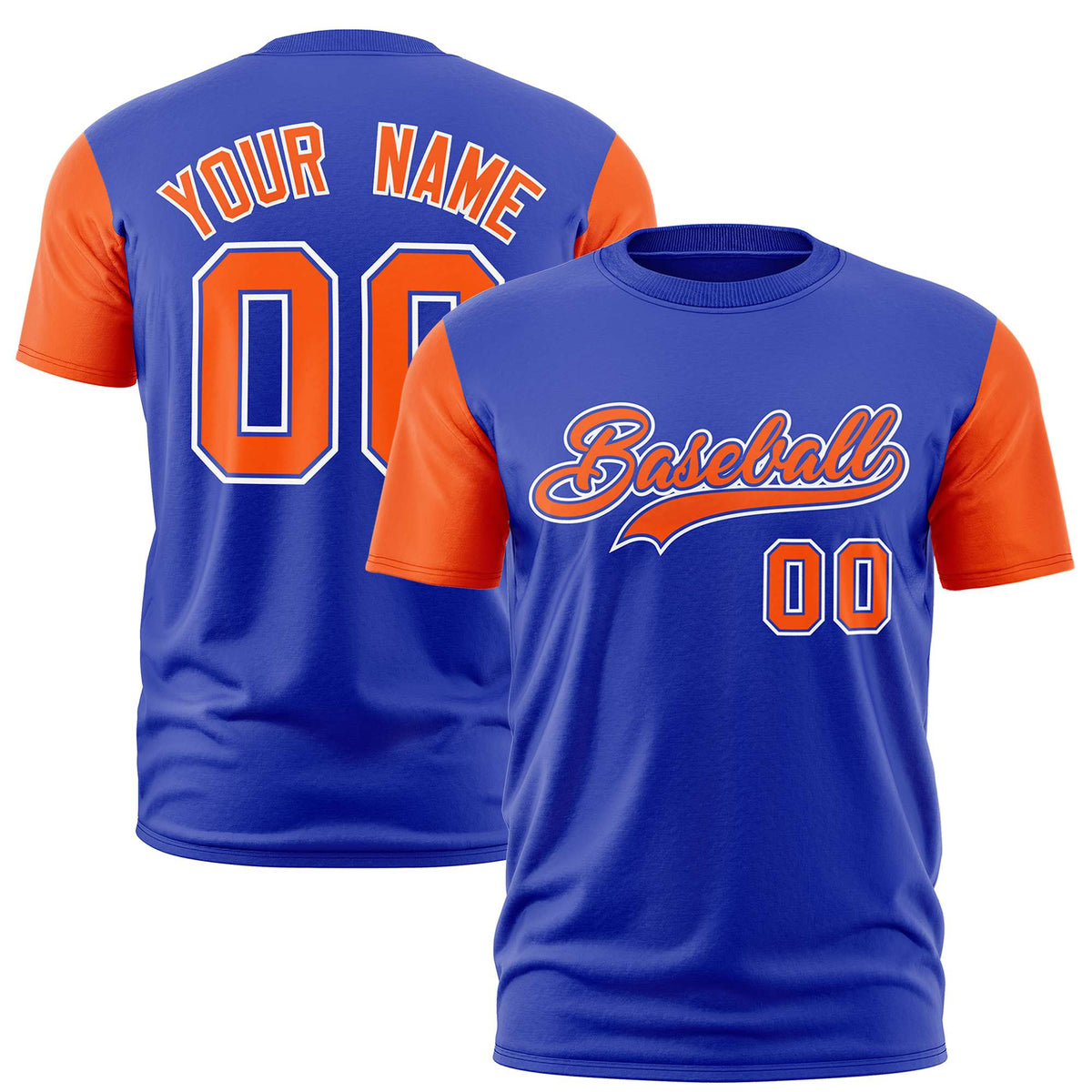 Custom Royal Blue Orange White Crew Neck Personalized Raglan Sleeve Performance T-shirt