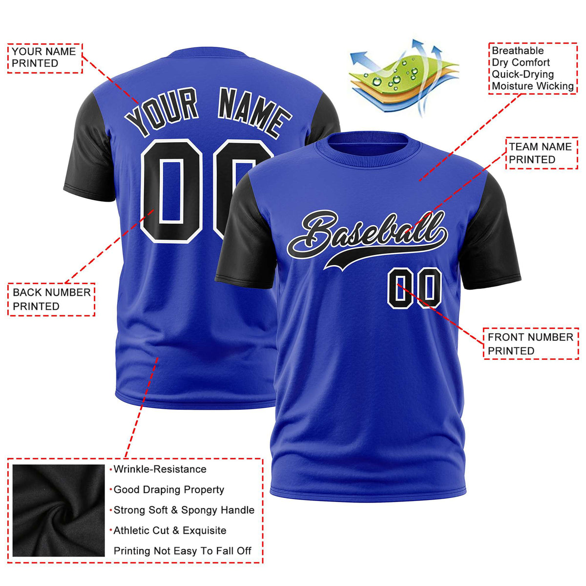 Custom Royal Blue Black White Crew Neck Personalized Raglan Sleeve Performance T-shirt