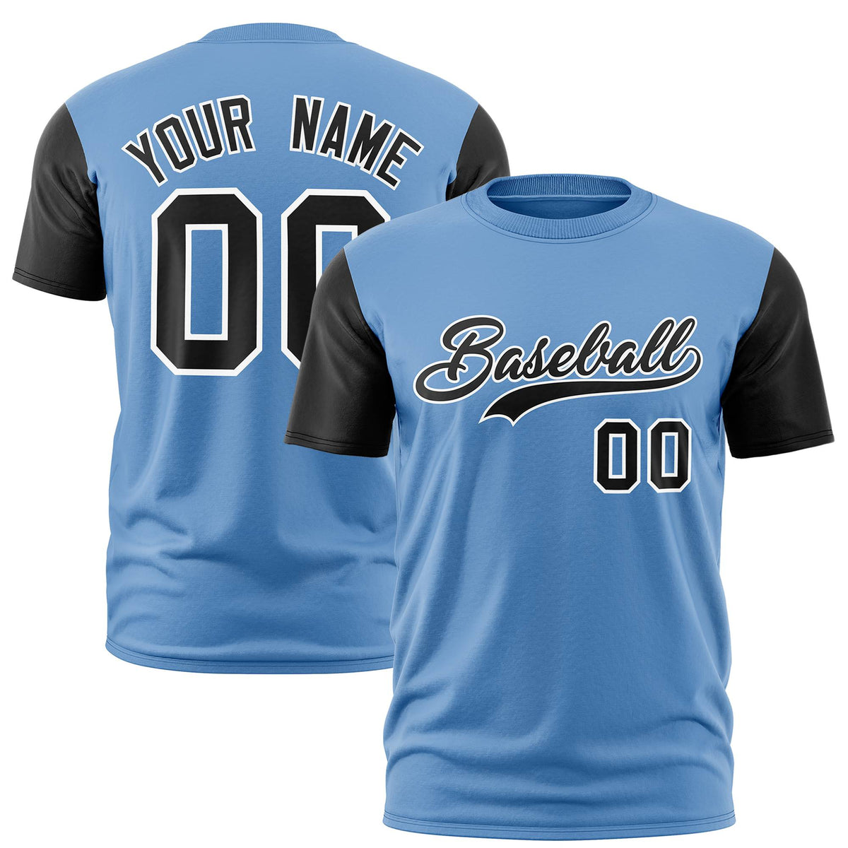 Custom Light Blue Black White Crew Neck Personalized Raglan Sleeve Performance T-shirt