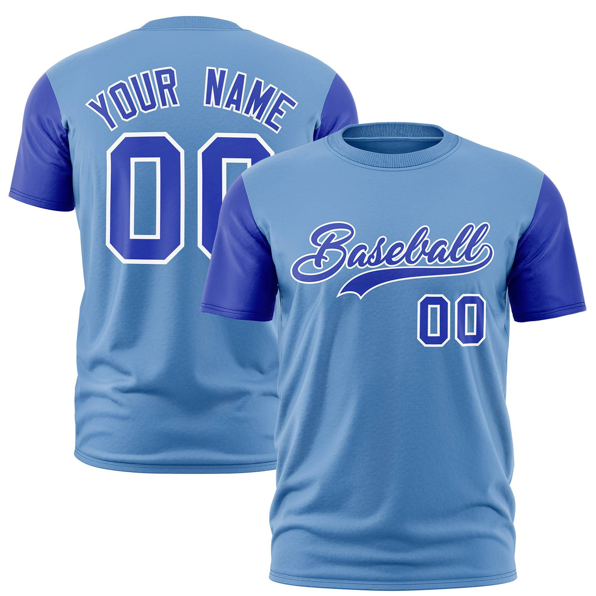 Custom Light Blue Royal Blue White Crew Neck Personalized Raglan Sleeve Performance T-shirt
