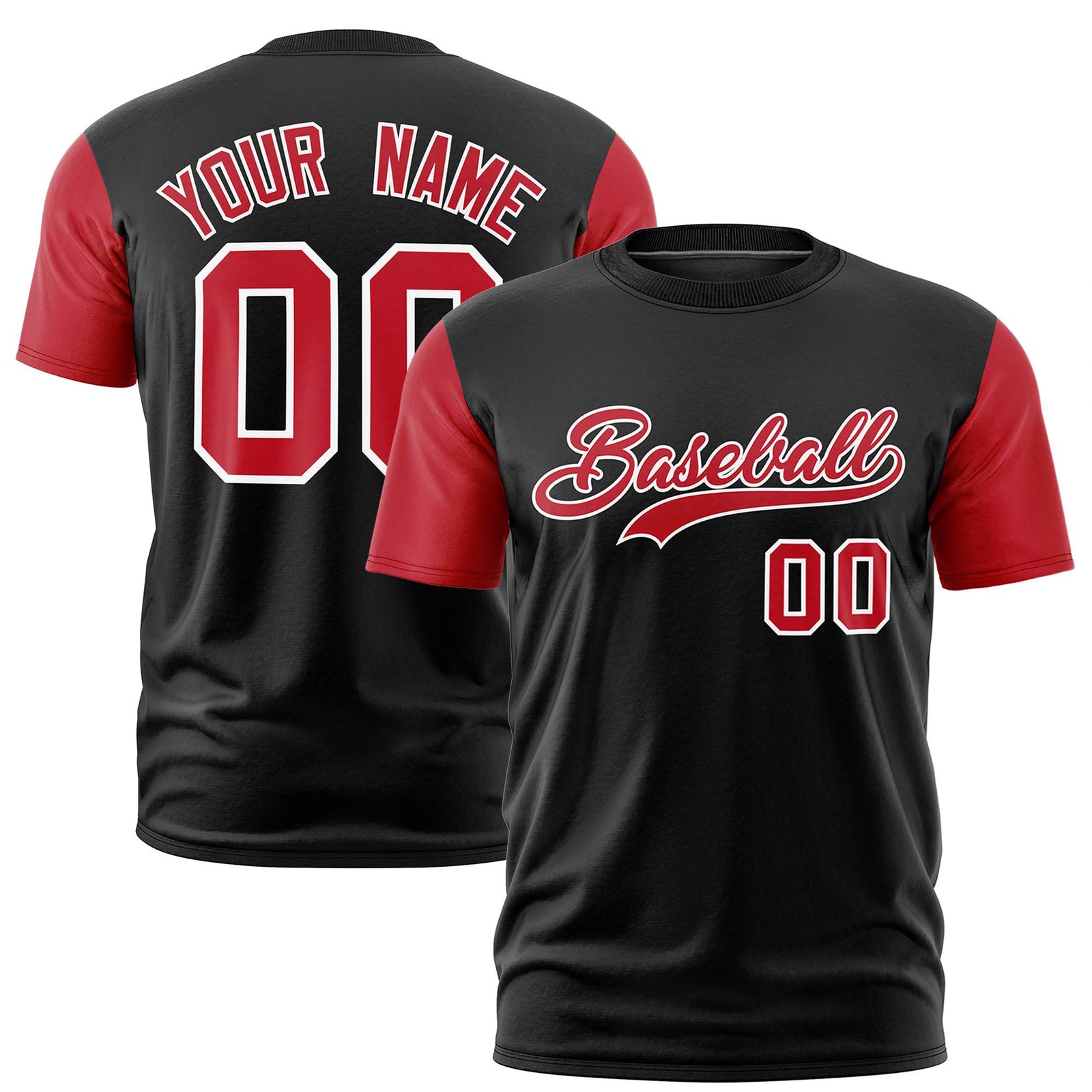 Custom Black Red White Crew Neck Personalized Raglan Sleeve Performance T-shirt