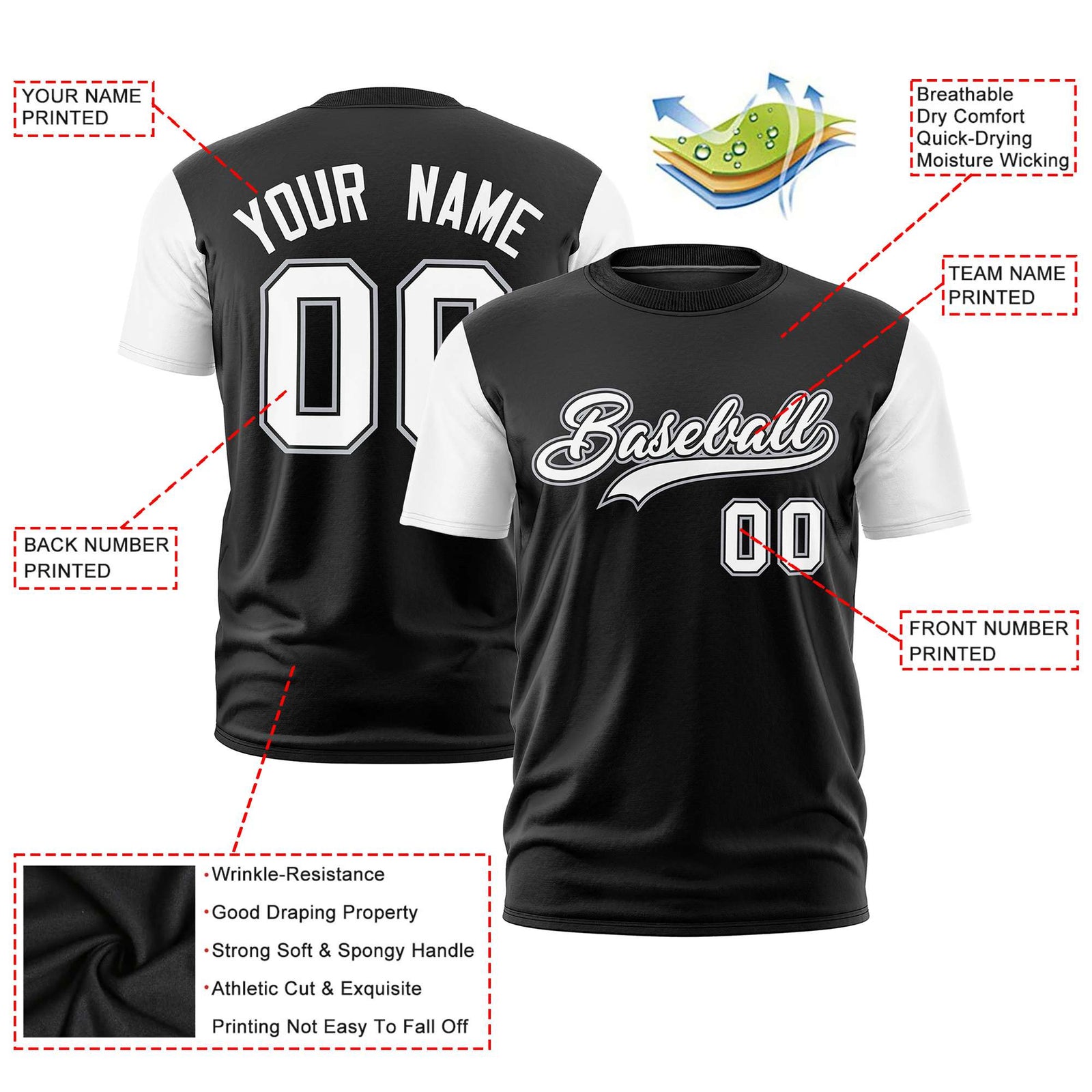 Custom Black White Crew Neck Personalized Raglan Sleeve Performance T-shirt