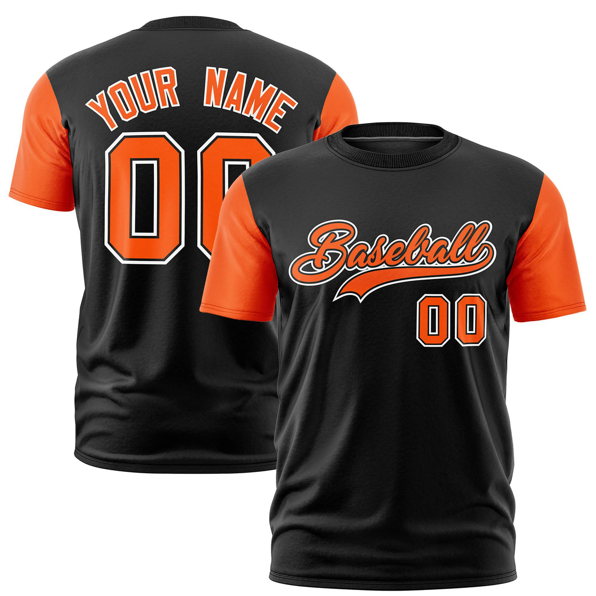Custom Black Orange White Crew Neck Personalized Raglan Sleeve Performance T-shirt