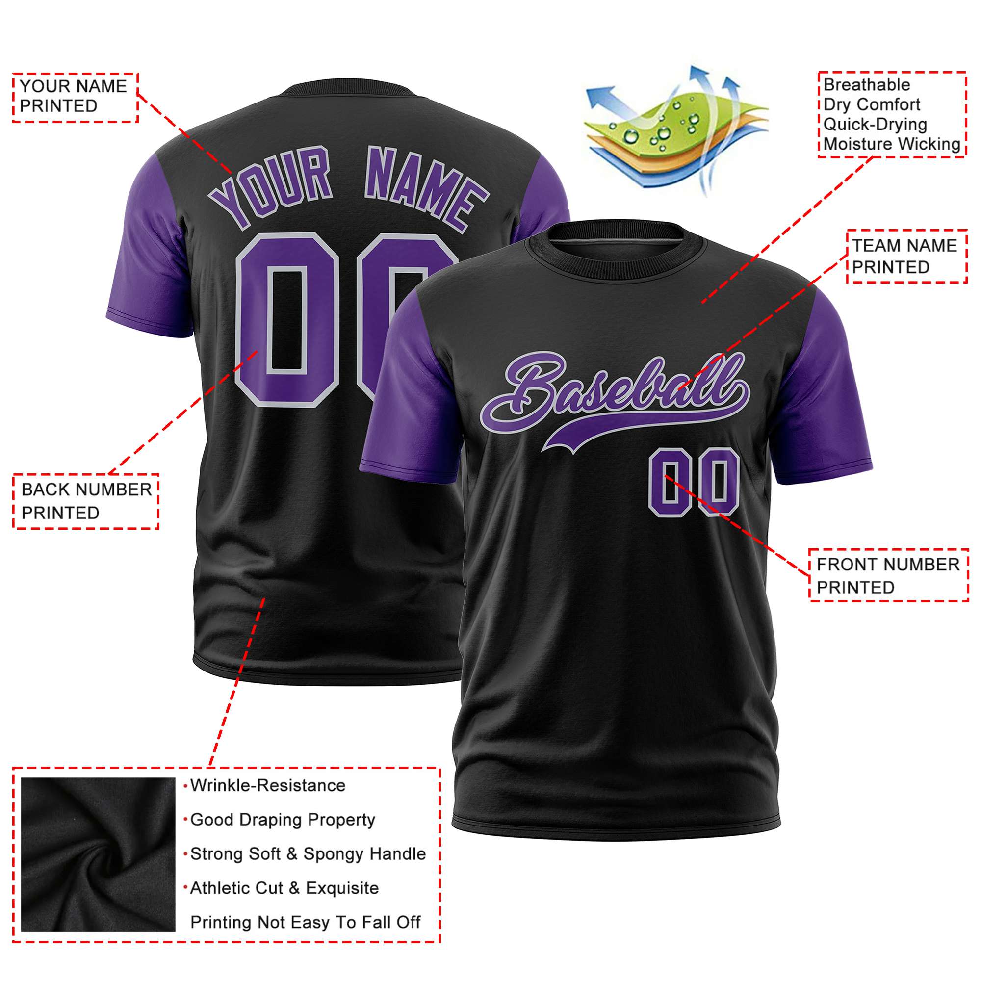 Custom Black Purple White Crew Neck Personalized Raglan Sleeve Performance T-shirt