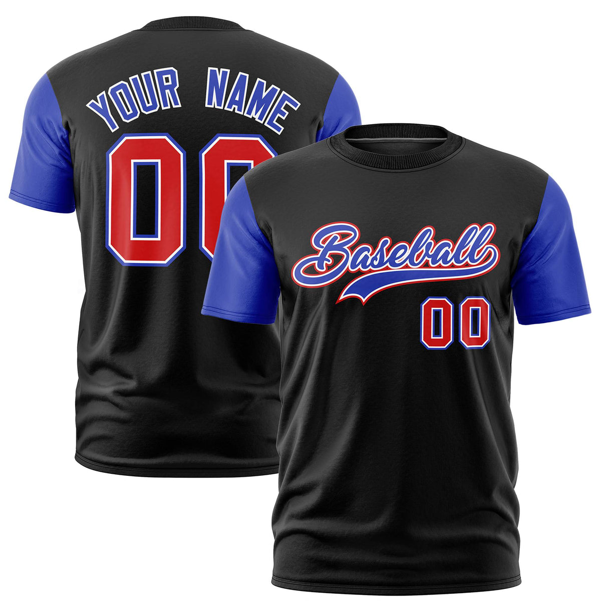 Custom Black Royal Blue Red Crew Neck Personalized Raglan Sleeve Performance T-shirt