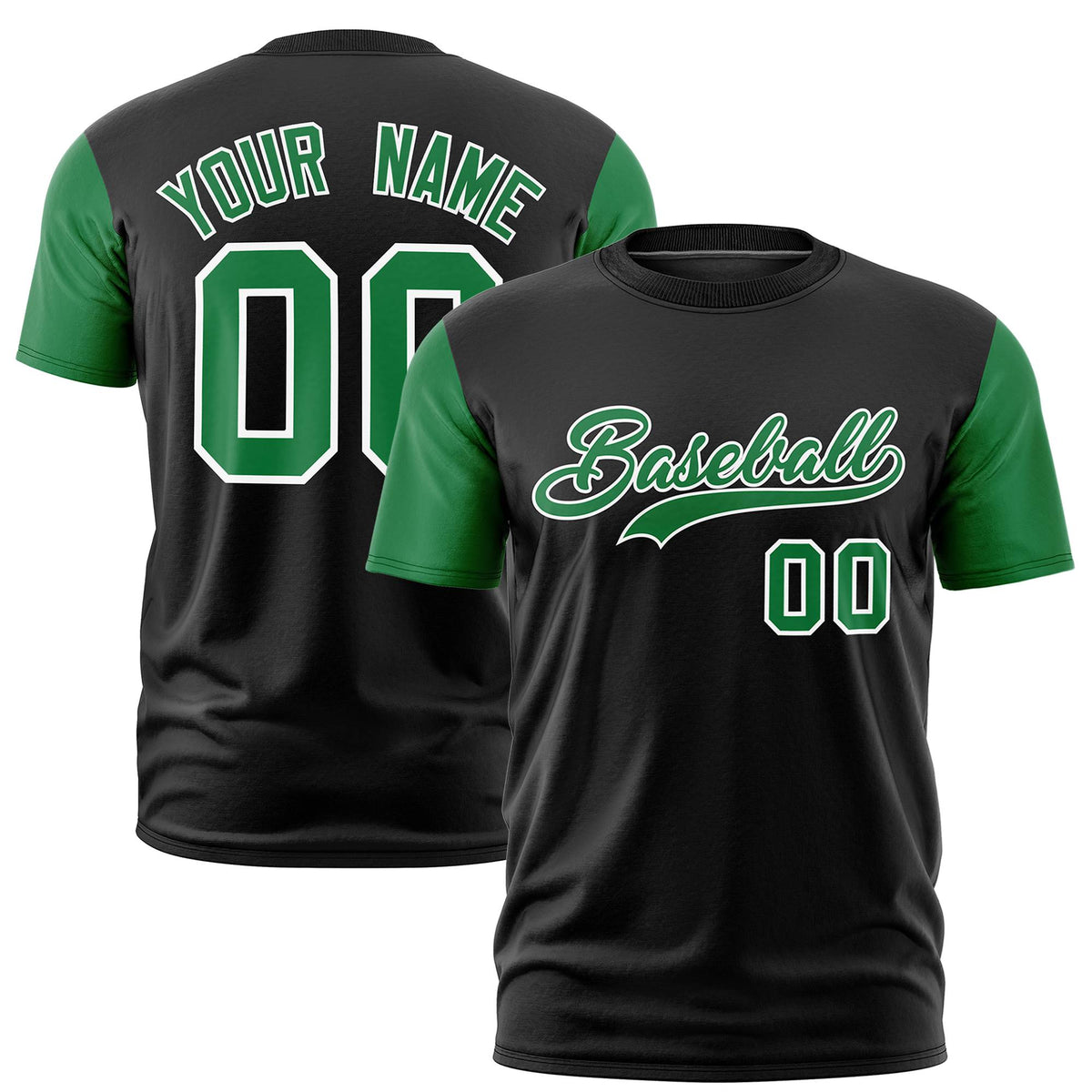 Custom Black Kelly Green White Crew Neck Personalized Raglan Sleeve Performance T-shirt