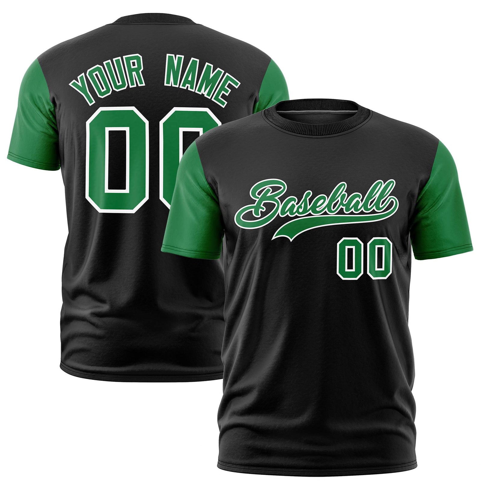 Custom Black Kelly Green White Crew Neck Personalized Raglan Sleeve Performance T-shirt