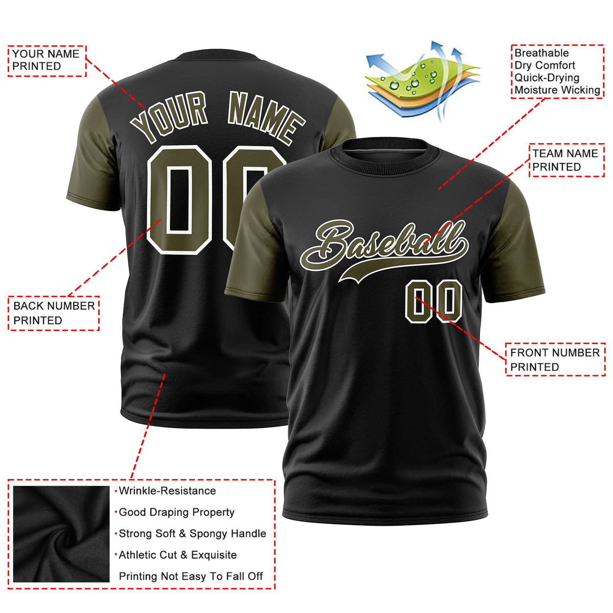 Custom Black Olive White Crew Neck Personalized Raglan Sleeve Performance T-shirt