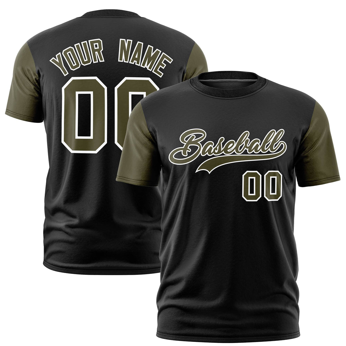 Custom Black Olive White Crew Neck Personalized Raglan Sleeve Performance T-shirt