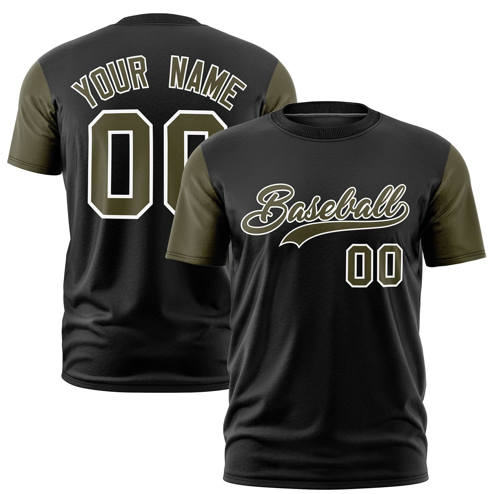 Custom Black Olive White Crew Neck Personalized Raglan Sleeve Performance T-shirt