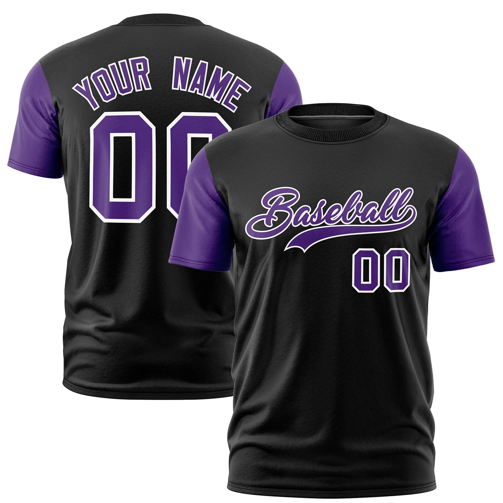 Custom Black Purple White Crew Neck Personalized Raglan Sleeve Performance T-shirt