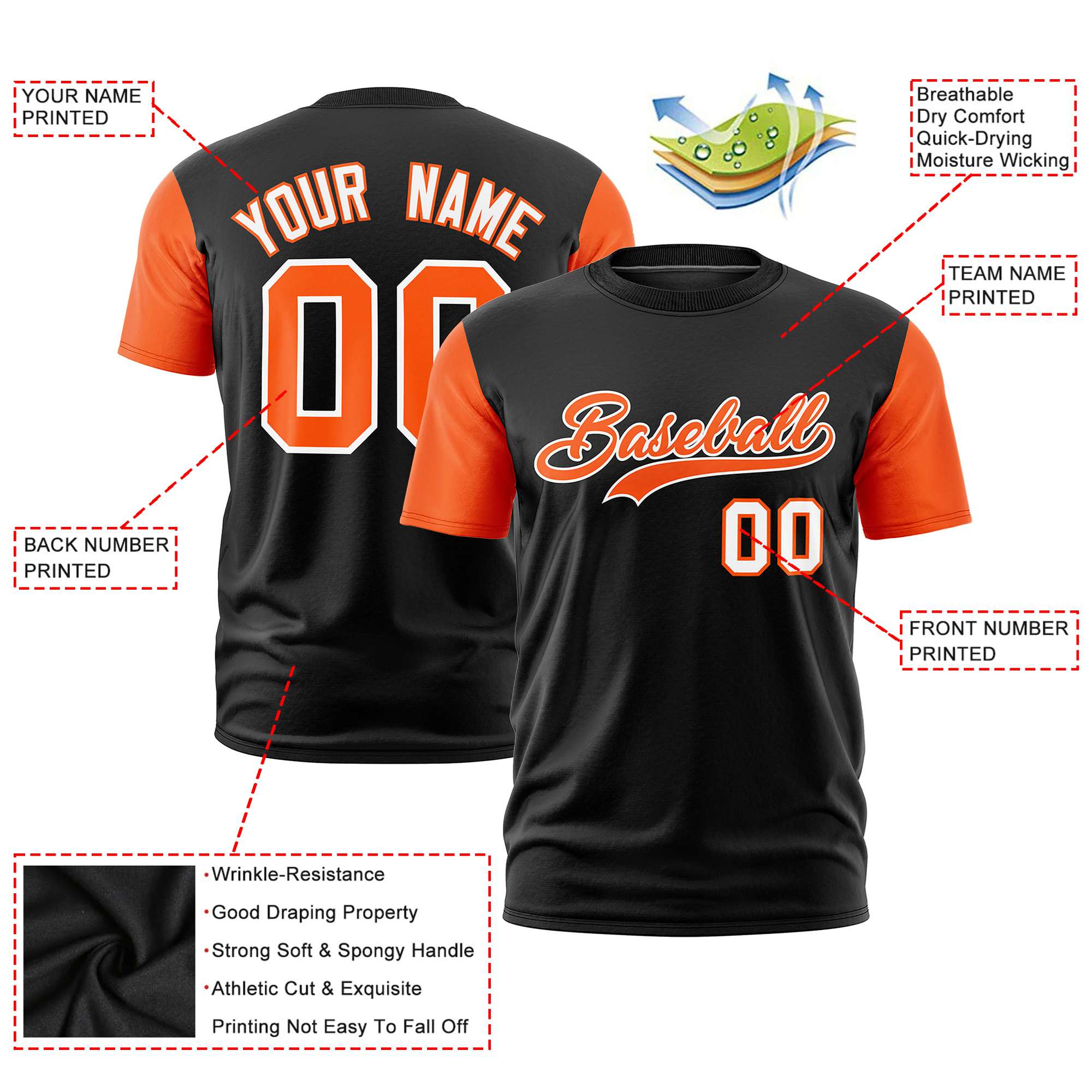 Custom Black Orange White Crew Neck Personalized Raglan Sleeve Performance T-shirt