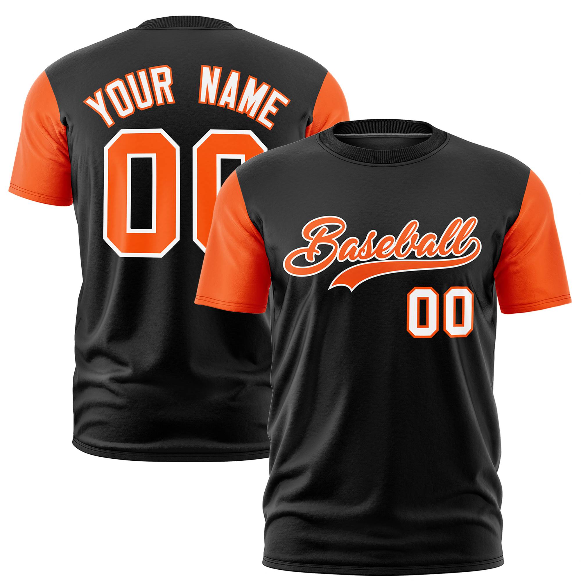 Custom Black Orange White Crew Neck Personalized Raglan Sleeve Performance T-shirt