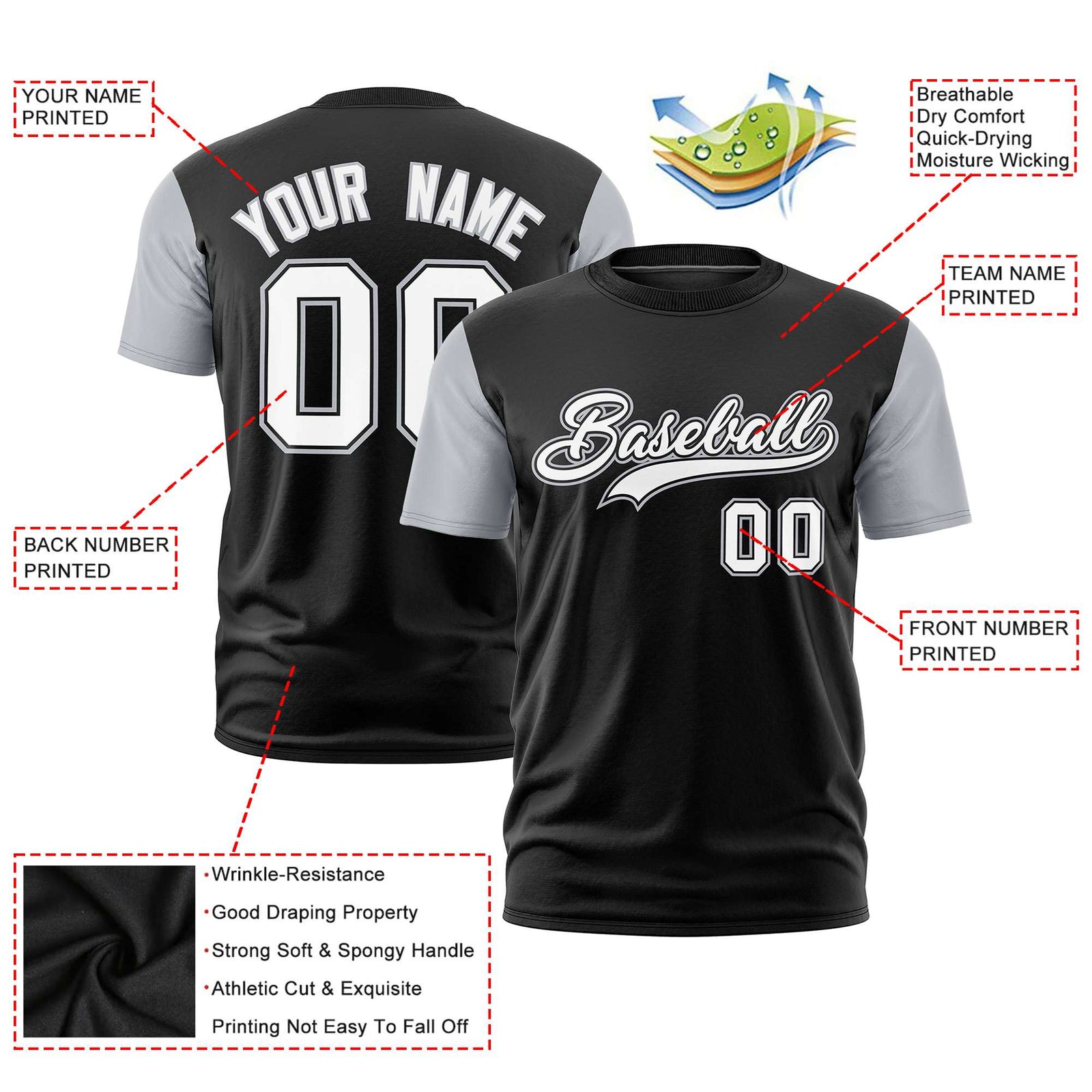 Custom Black Gray White Crew Neck Personalized Raglan Sleeve Performance T-shirt