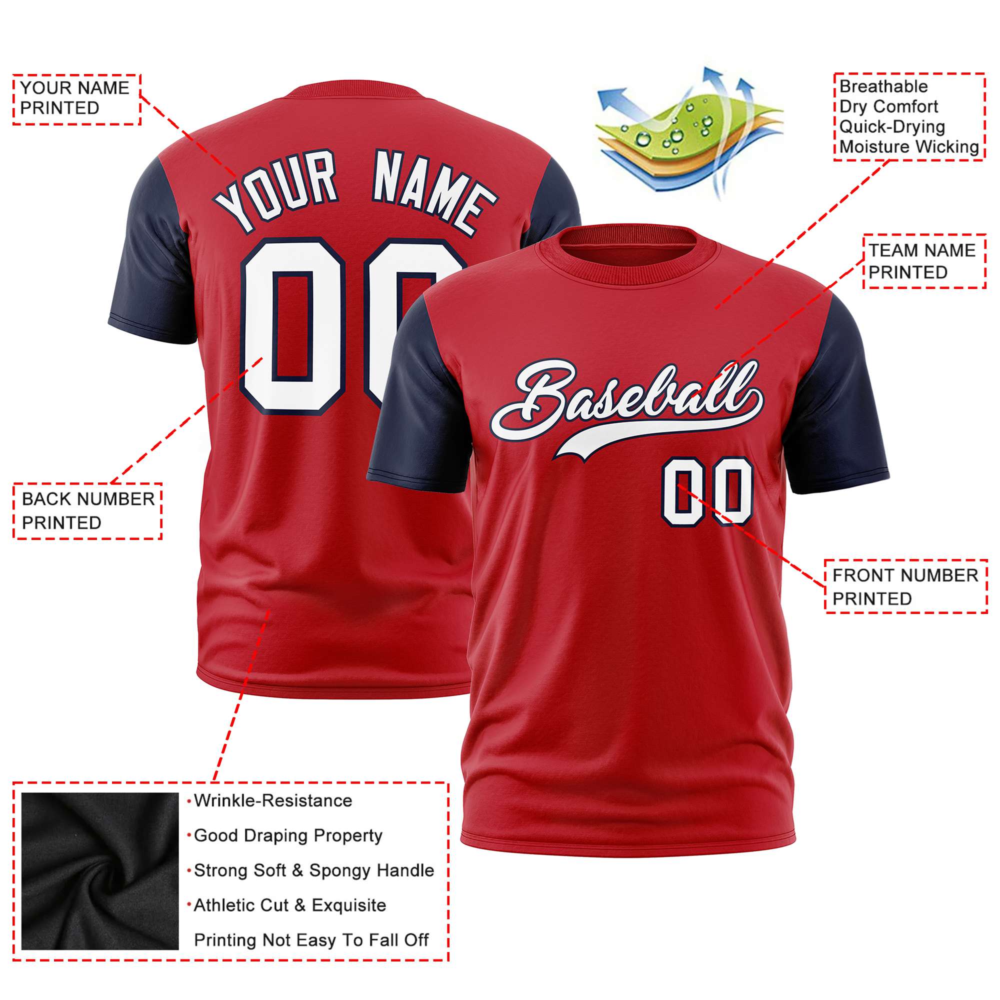 Custom Red Navy White Crew Neck Personalized Raglan Sleeve Performance T-shirt