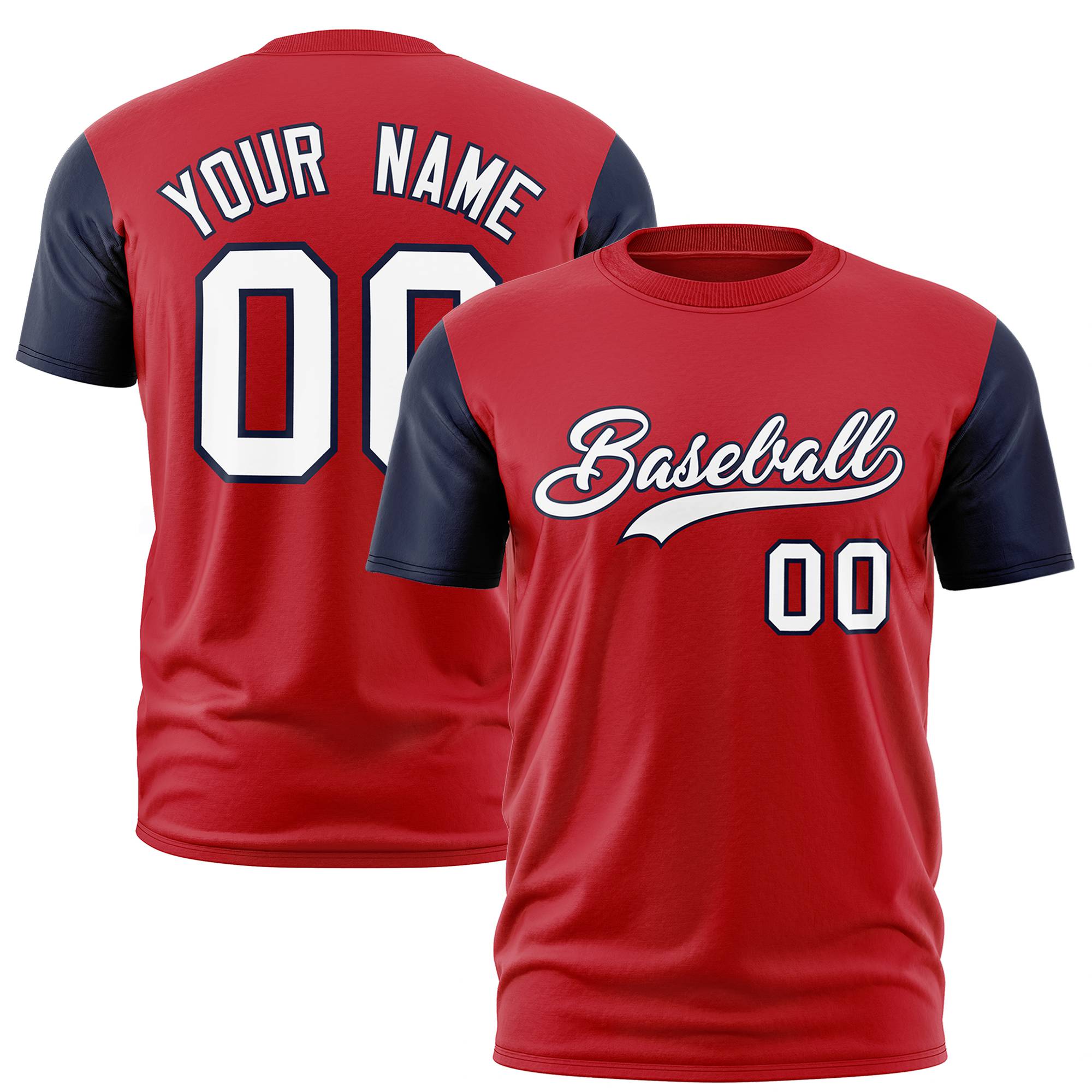 Custom Red Navy White Crew Neck Personalized Raglan Sleeve Performance T-shirt