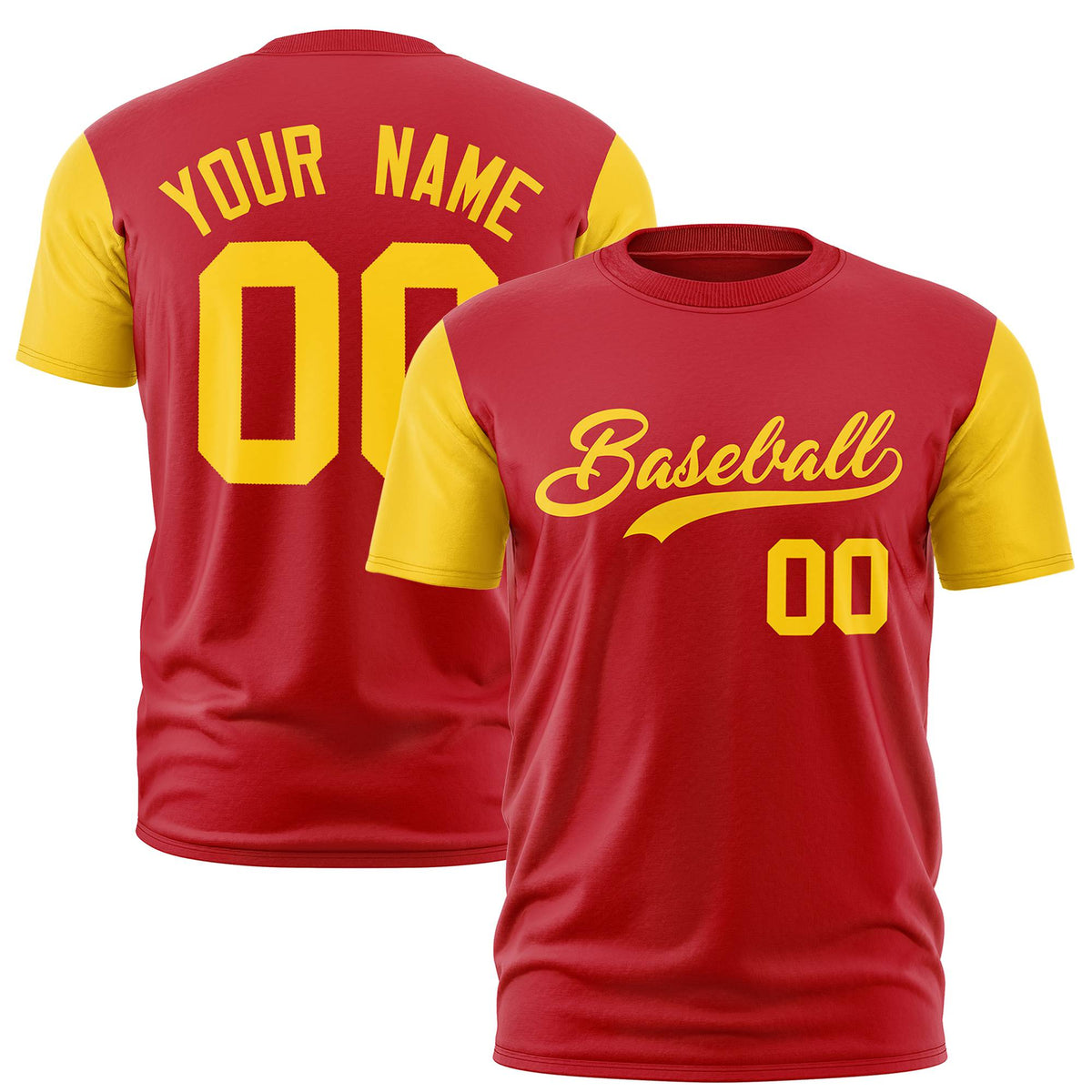 Custom Red Yellow Crew Neck Personalized Raglan Sleeve Performance T-shirt