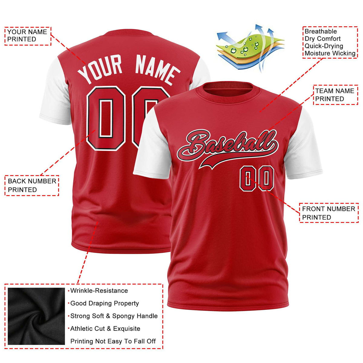 Custom Red White Crew Neck Personalized Raglan Sleeve Performance T-shirt