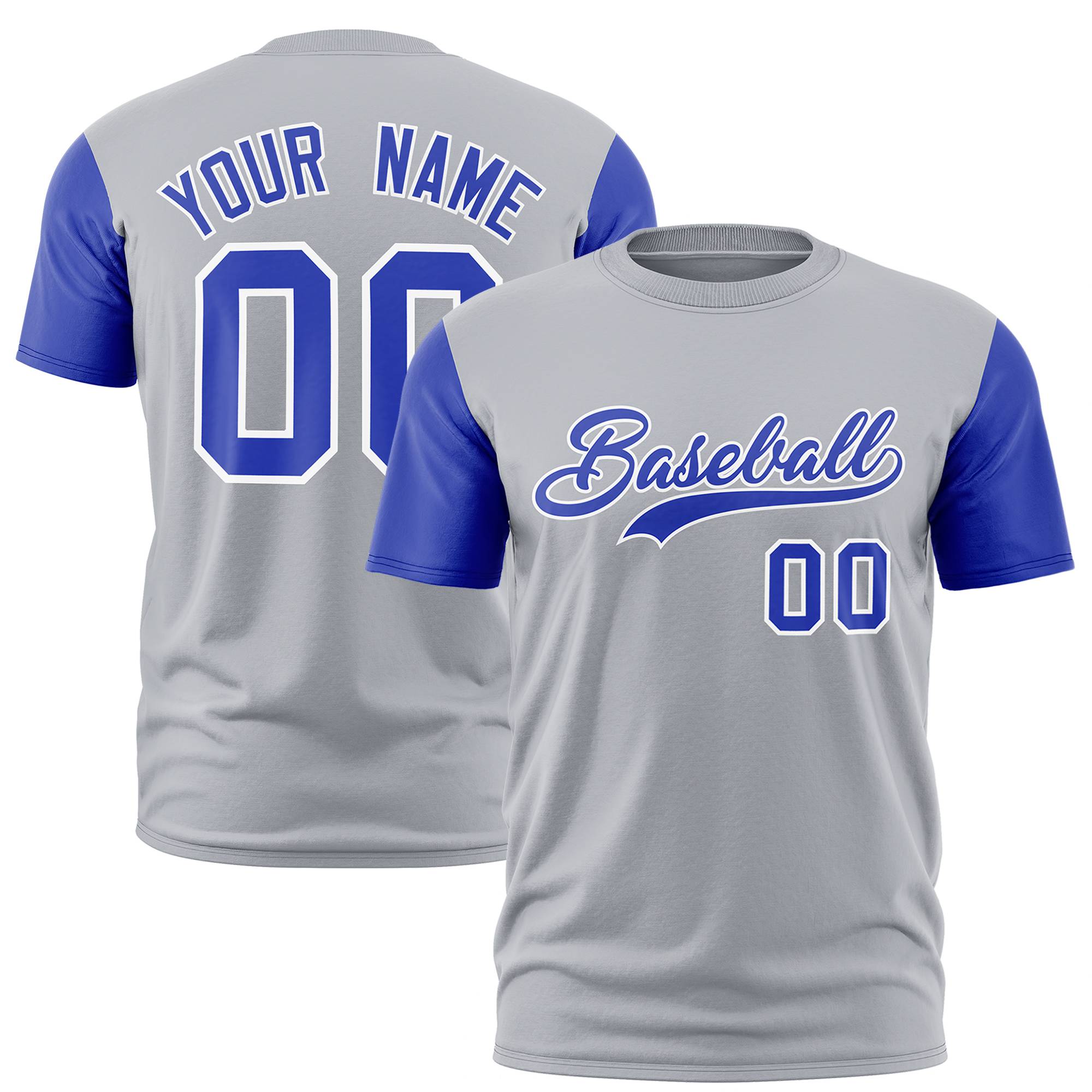 Custom Gray Royal Blue White Crew Neck Personalized Raglan Sleeve Performance T-shirt
