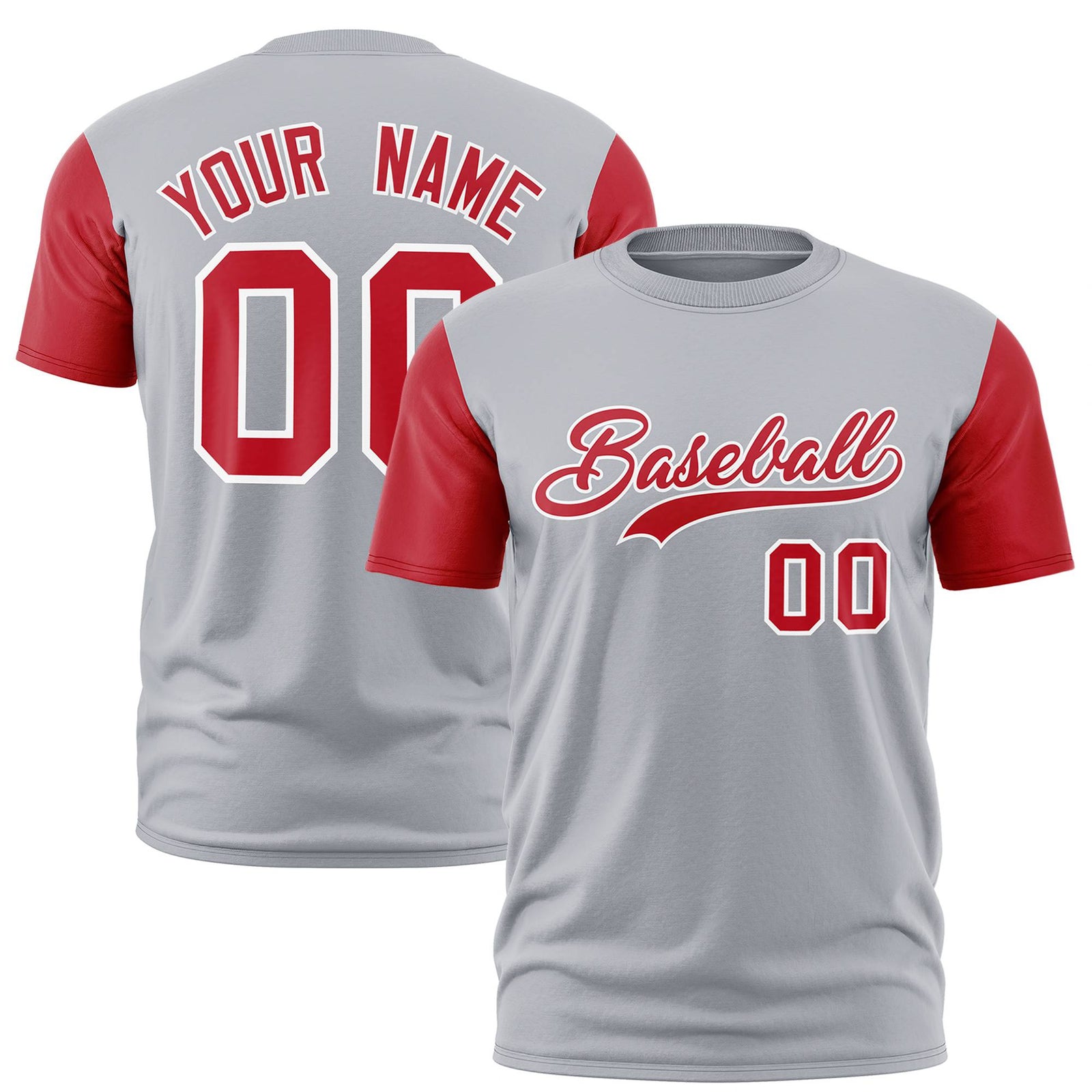 Custom Gray Red White Crew Neck Personalized Raglan Sleeve Performance T-shirt