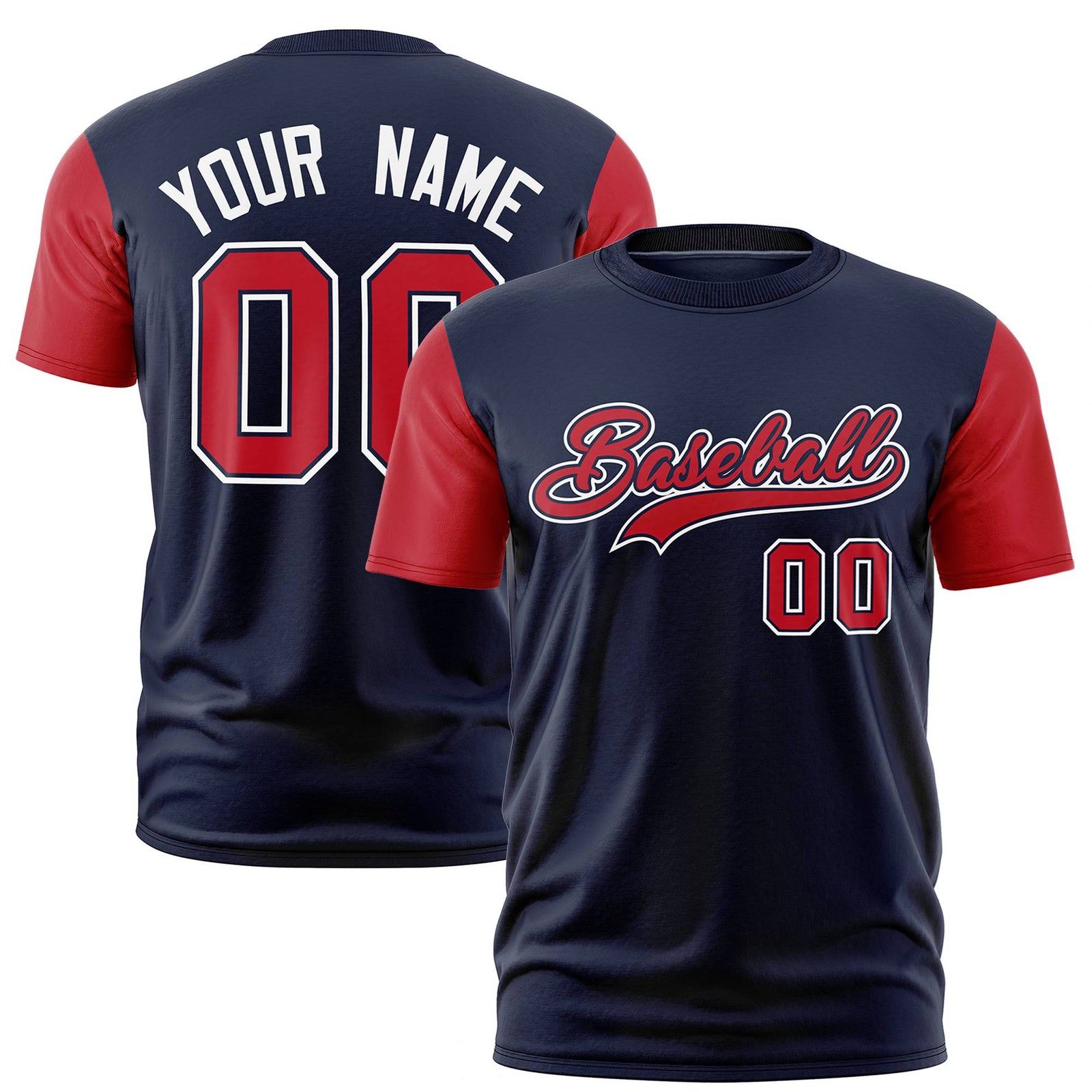 Custom Navy Red White Crew Neck Personalized Raglan Sleeve Performance T-shirt