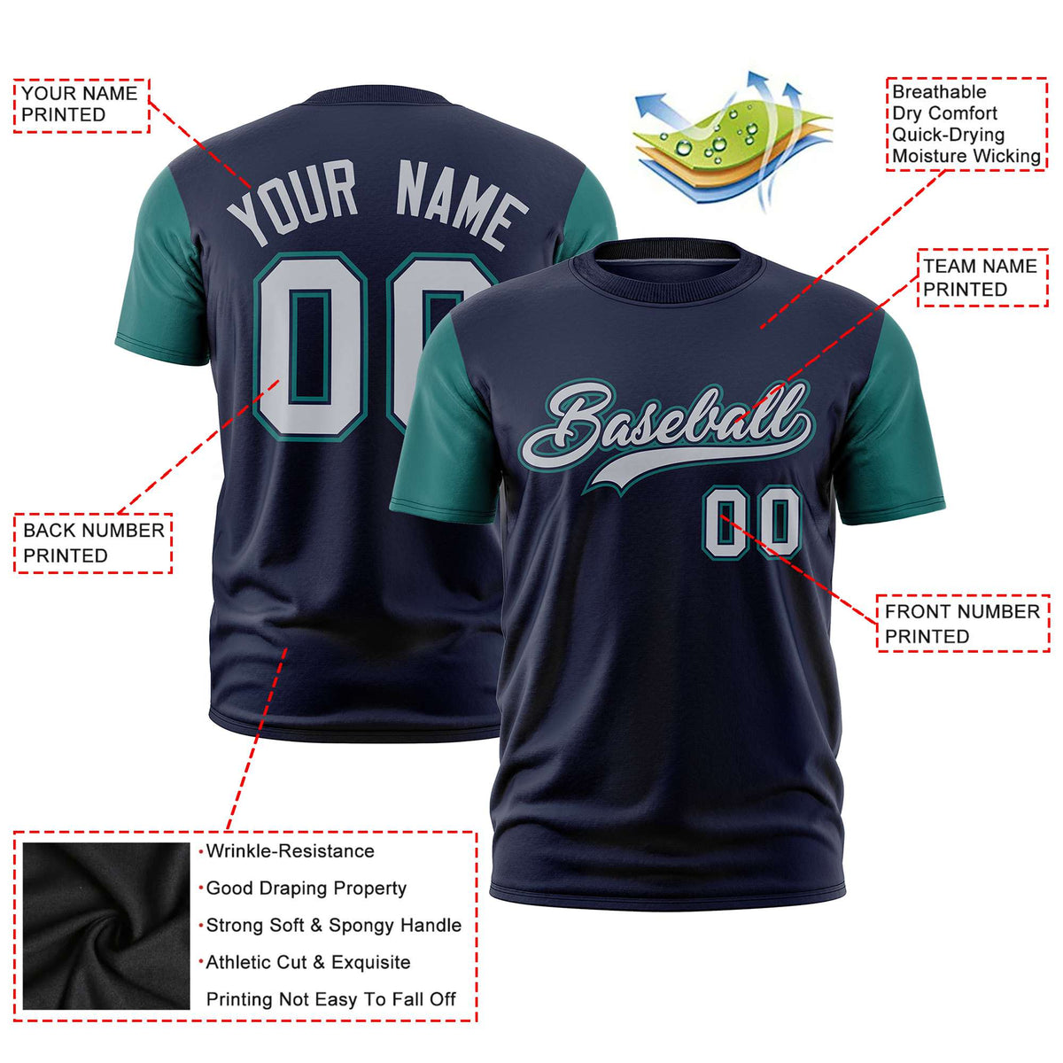 Custom Navy Midnight Green Gray Crew Neck Personalized Raglan Sleeve Performance T-shirt