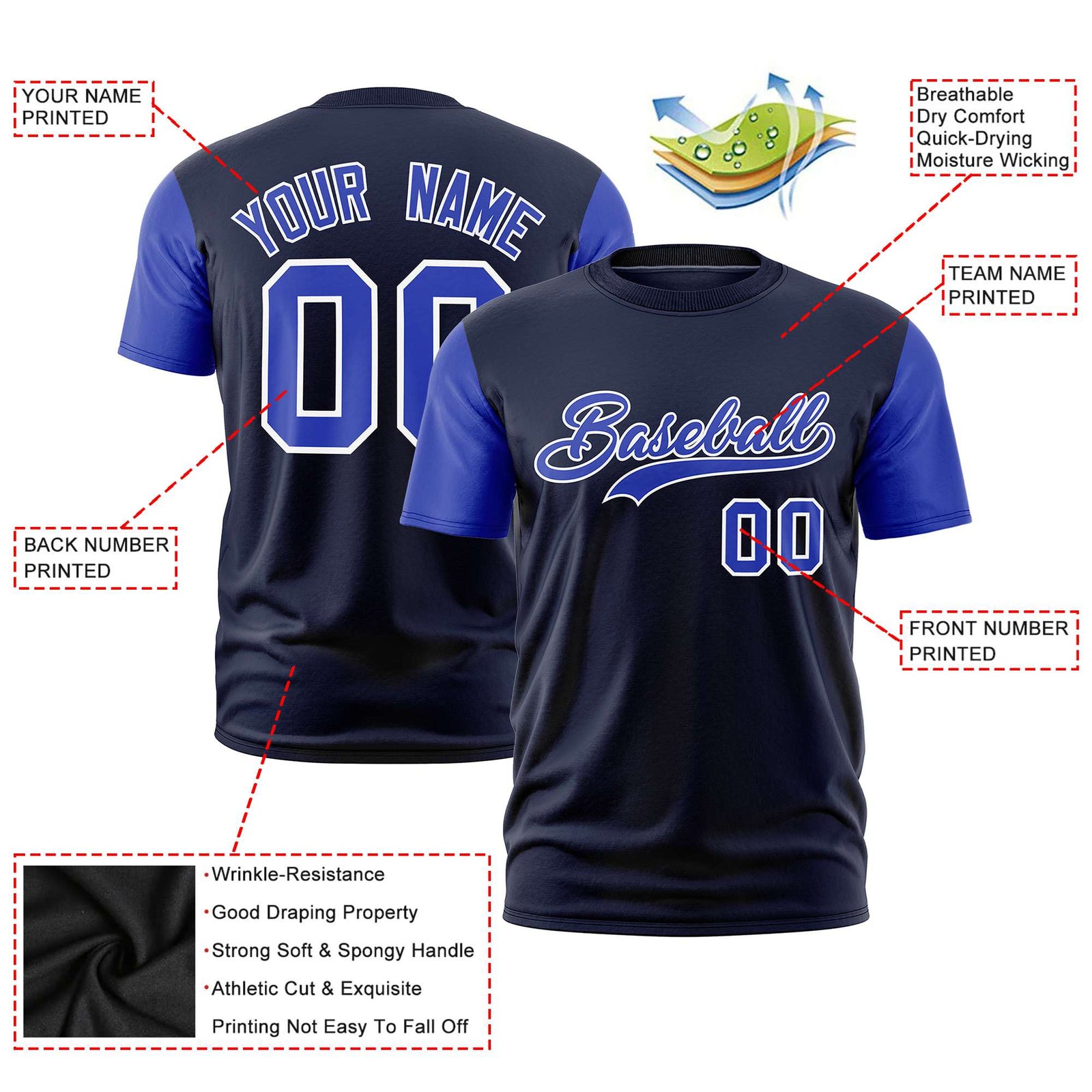 Custom Navy Royal Blue White Crew Neck Personalized Raglan Sleeve Performance T-shirt