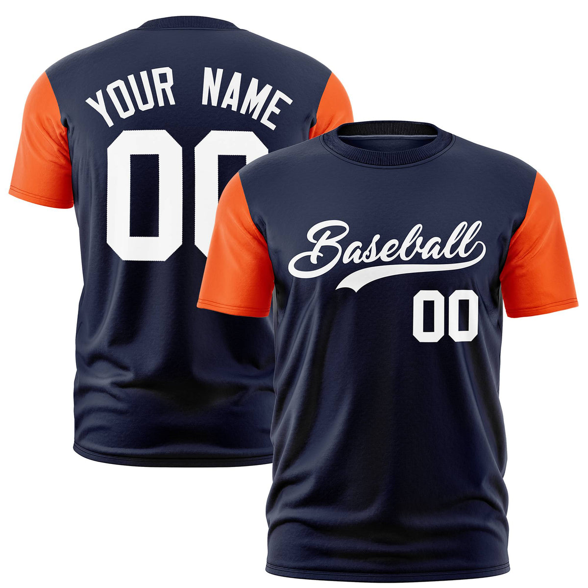 Custom Navy Orange White Crew Neck Personalized Raglan Sleeve Performance T-shirt