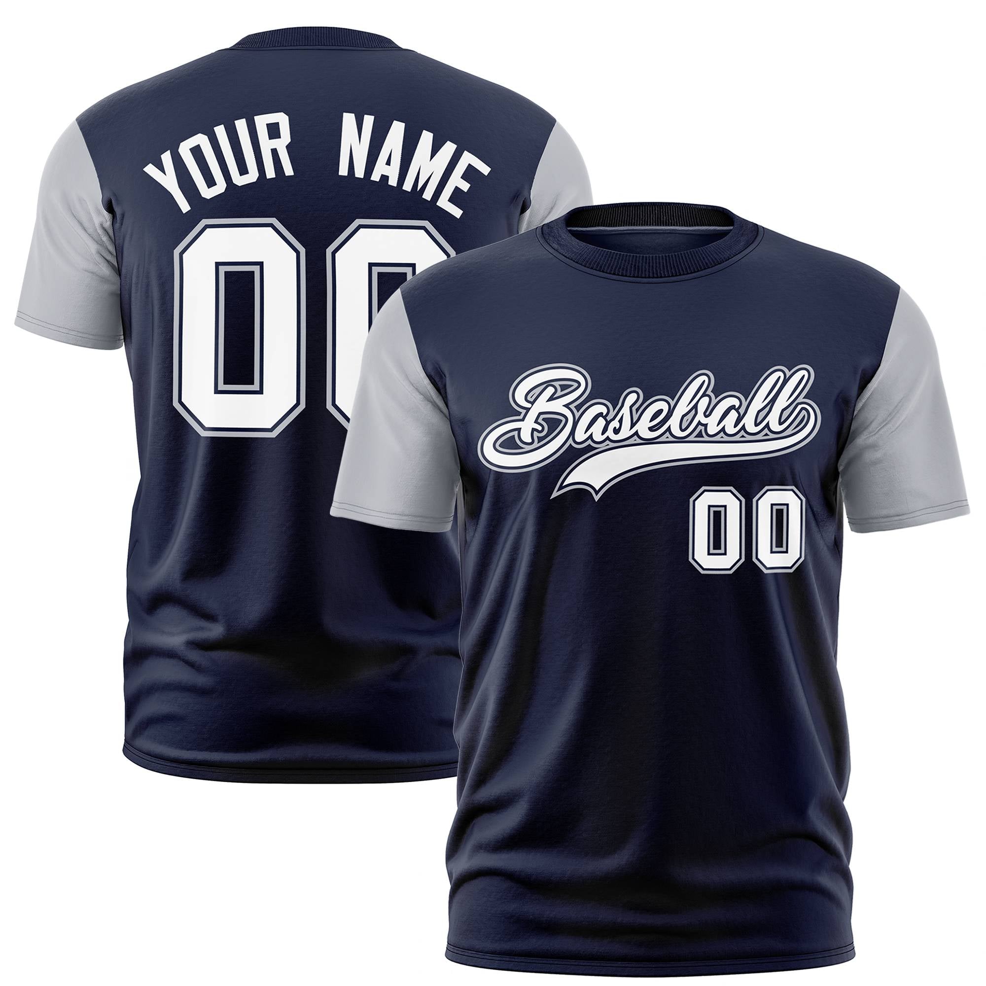 Custom Navy Gray White Crew Neck Personalized Raglan Sleeve Performance T-shirt