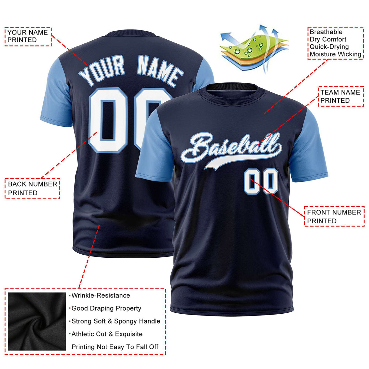 Custom Navy Light Blue White Crew Neck Personalized Raglan Sleeve Performance T-shirt