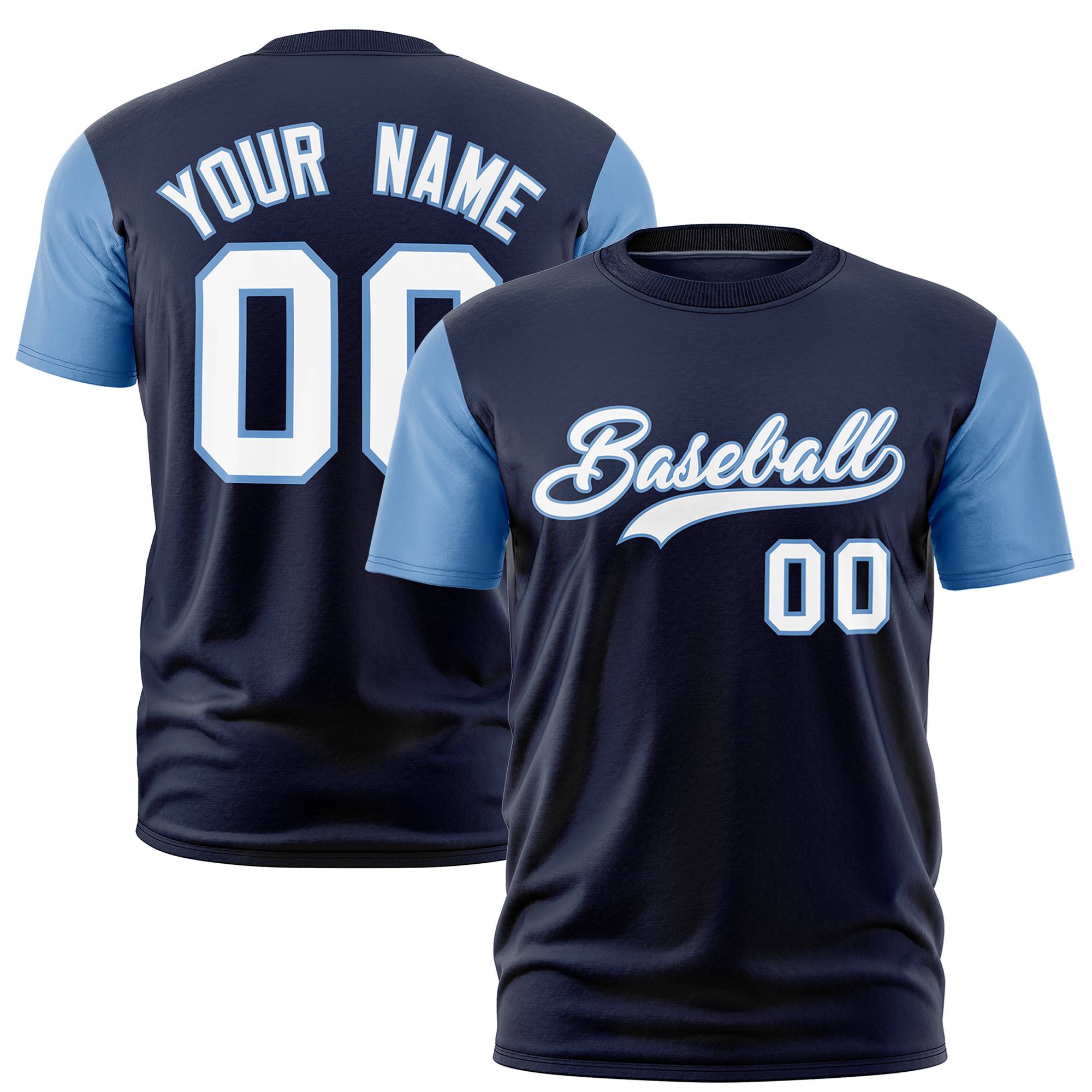 Custom Navy Light Blue White Crew Neck Personalized Raglan Sleeve Performance T-shirt