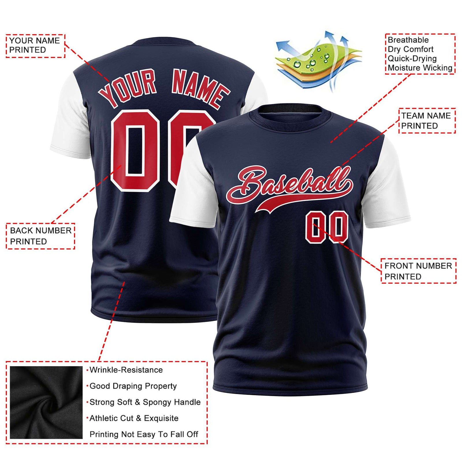 Custom Navy White Red Crew Neck Personalized Raglan Sleeve Performance T-shirt