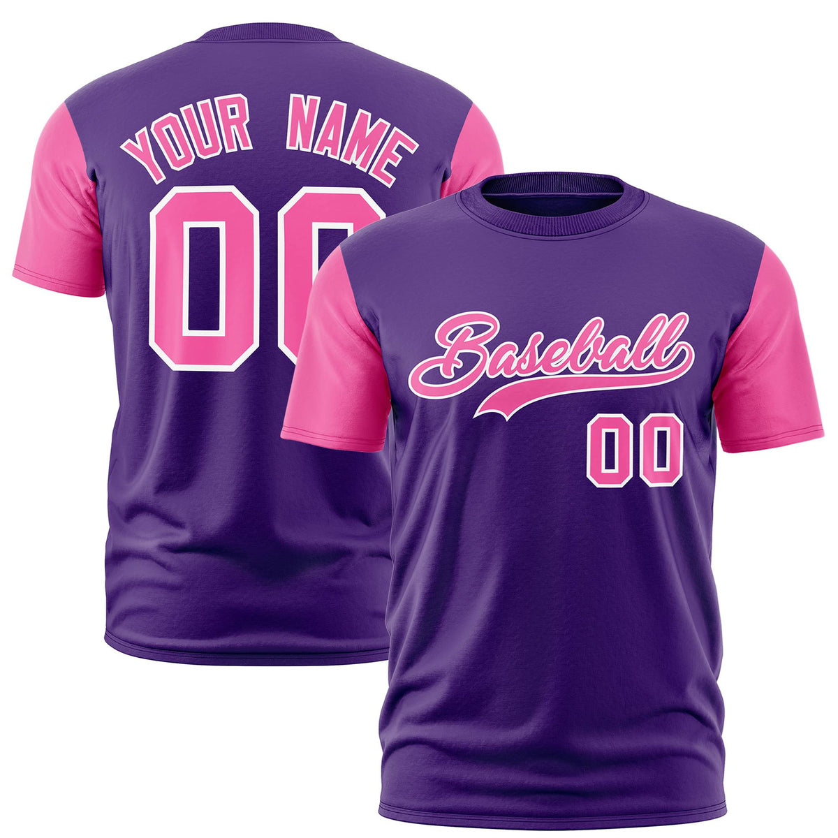 Custom Purple Pink White Crew Neck Personalized Raglan Sleeve Performance T-shirt